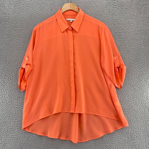 Amanda Uprichard Top Womens Small Coral Silk Roll Tab Sleeves Button Up Collar - Picture 1 of 9